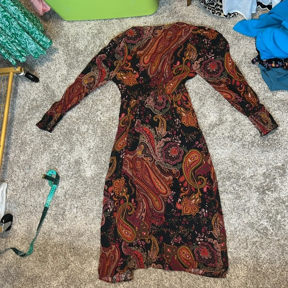 NWOT Zara paisley print smocked a neck button down dress Size XS - Picture 6 of 12
